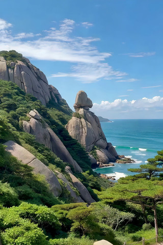 山海间岩石与绿植自然景观 山海间岩石与绿植自然景观