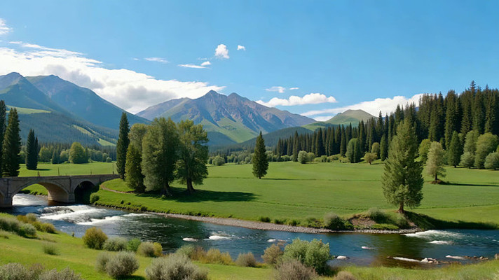 山间草地河流桥梁风景 山间草地河流桥梁风景