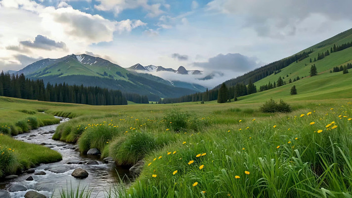 山间草地小溪自然风光 山间草地小溪自然风光