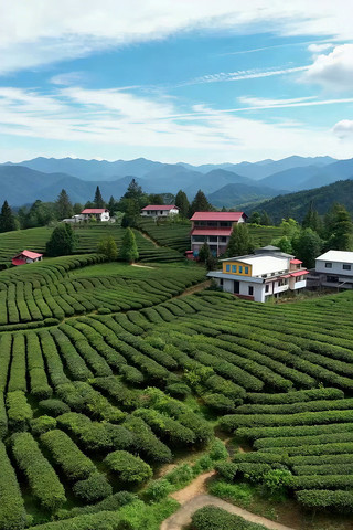 山间茶园与民居俯瞰画面 山间茶园与民居俯瞰画面