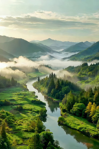 山间河流晨雾自然风光 山间河流晨雾自然风光