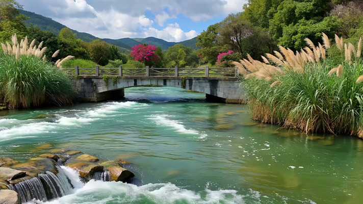 山间河流上的木桥风景 山间河流上的木桥风景