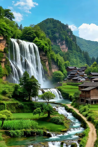 山间瀑布旁的村落风景 山间瀑布旁的村落风景