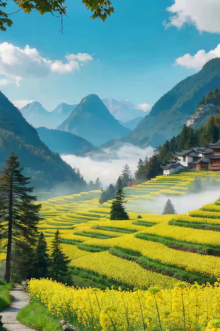 山间梯田油菜花自然风光 山间梯田油菜花自然风光