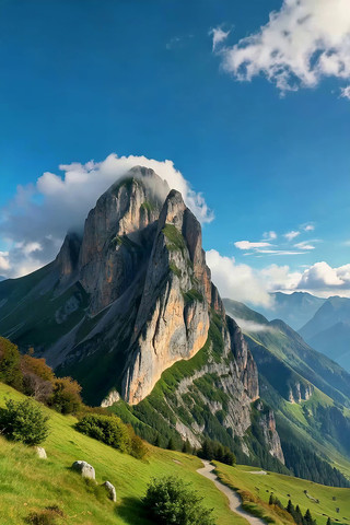 山间小路旁的巍峨山峰风景 山间小路旁的巍峨山峰风景