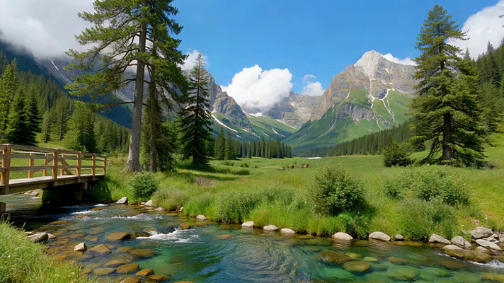 山间小溪木桥自然风光 山间小溪木桥自然风光