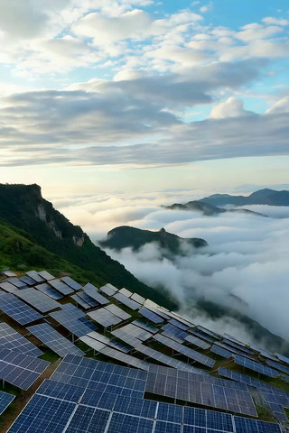 山间云海中的太阳能光伏板 山间云海中的太阳能光伏板