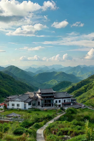 山间中式建筑自然风光 山间中式建筑自然风光