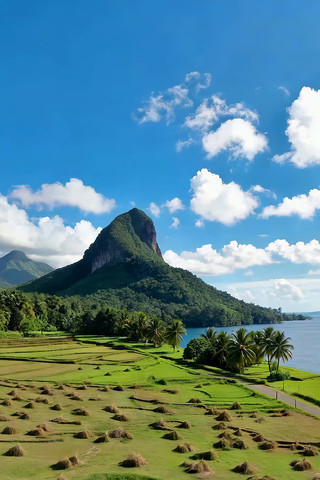 山景湖畔稻田自然风光 山景湖畔稻田自然风光