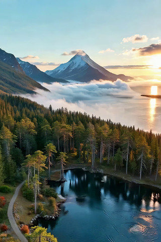 山林湖泊与远山日出景观 山林湖泊与远山日出景观