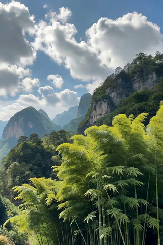 山林间翠绿竹林与远山风景 山林间翠绿竹林与远山风景