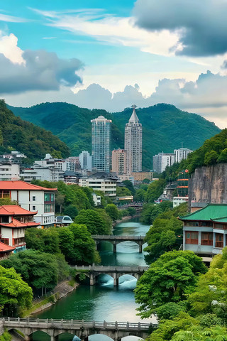 山水间城市建筑与河流景观 山水间城市建筑与河流景观