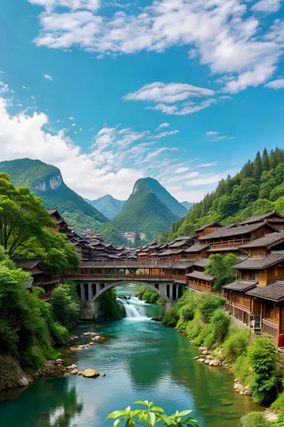山水间传统村落与桥梁风景 山水间传统村落与桥梁风景