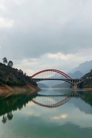 山水间的红色拱桥与湖水景观 山水间的红色拱桥与湖水景观