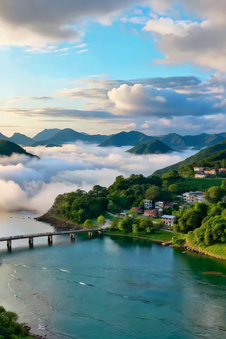 山水间云海环绕的村庄景象 山水间云海环绕的村庄景象