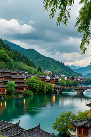 山水间中式古建筑风景 山水间中式古建筑风景