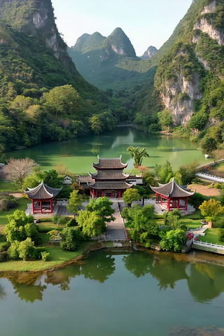 山水间中式古建筑全景 山水间中式古建筑全景