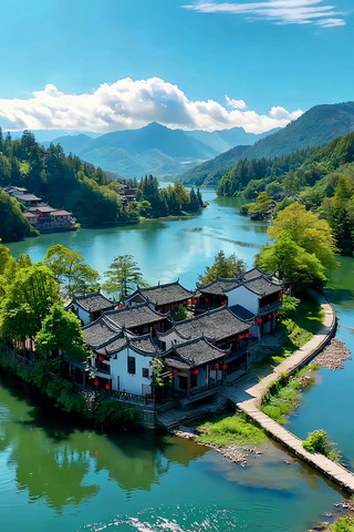 山水间中式古建筑群航拍全景 山水间中式古建筑群航拍全景