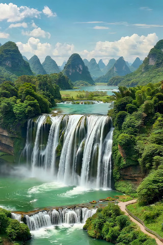 山水间壮观瀑布全景 山水间壮观瀑布全景
