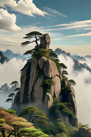 山巅松树云雾自然风光 山巅松树云雾自然风光