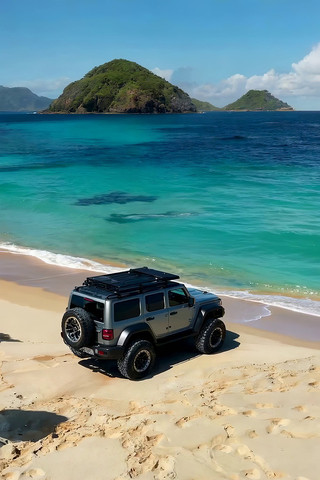 沙滩上的越野汽车与海景 沙滩上的越野汽车与海景