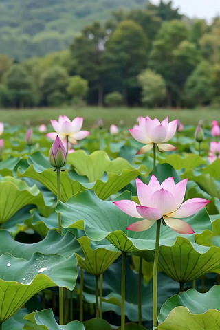 盛开的荷花与荷叶景观 盛开的荷花与荷叶景观