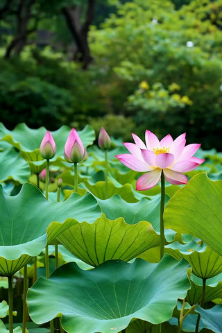 盛开荷花与荷叶自然景观 盛开荷花与荷叶自然景观