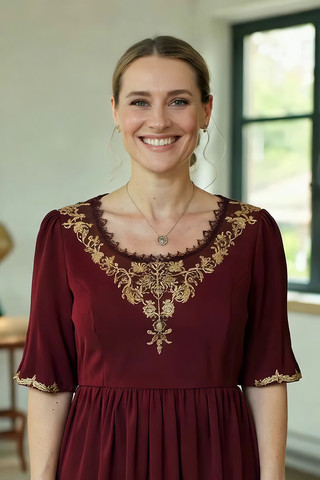 身着刺绣裙微笑的女性 身着刺绣裙微笑的女性