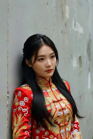 身着中式嫁衣的女子靠墙而立 身着中式嫁衣的女子靠墙而立