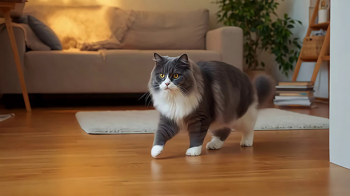 室内行走的灰白猫咪 室内行走的灰白猫咪