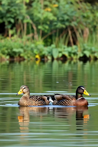 水面上两只鸭子游弋的画面 水面上两只鸭子游弋的画面