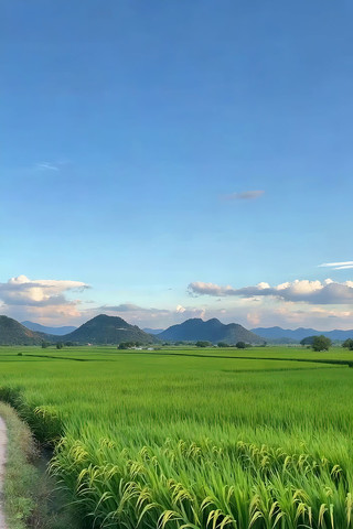 田野间绿色稻田与远山风景 田野间绿色稻田与远山风景