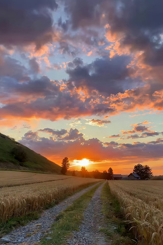 田野夕阳下的乡间小路风景 田野夕阳下的乡间小路风景