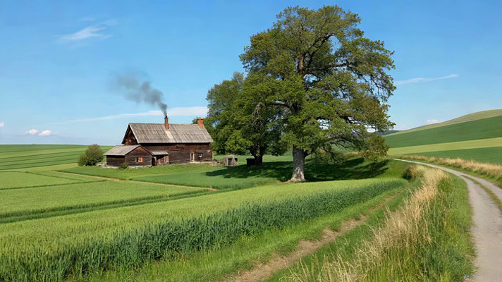 田野中的乡村小屋与大树 田野中的乡村小屋与大树