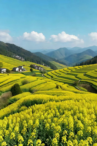 梯田油菜花田田园风光 梯田油菜花田田园风光