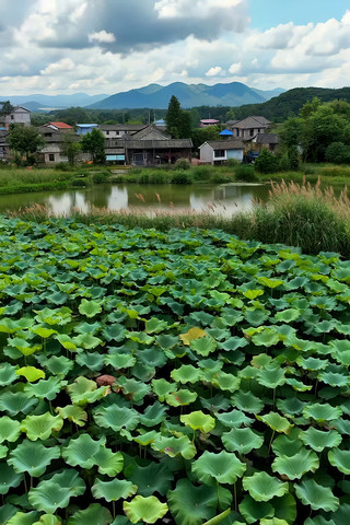 乡村荷塘与民居自然风光 乡村荷塘与民居自然风光