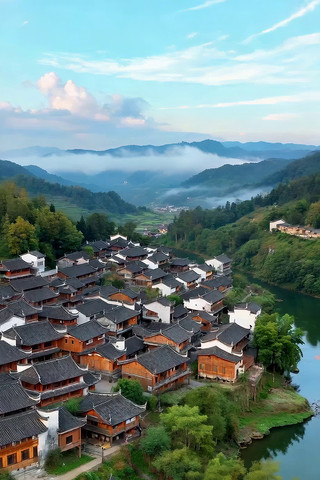 乡村山水间传统民居航拍 乡村山水间传统民居航拍