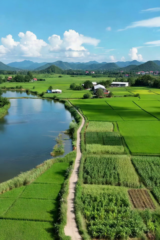 乡村田野河流航拍全景 乡村田野河流航拍全景