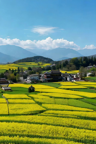 乡村油菜花海与古建筑景观 乡村油菜花海与古建筑景观