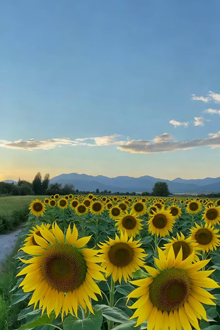 向日葵田与远山蓝天风景 向日葵田与远山蓝天风景