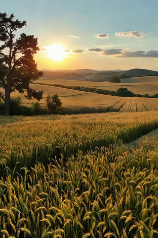 夕阳下的麦田田园风光 夕阳下的麦田田园风光