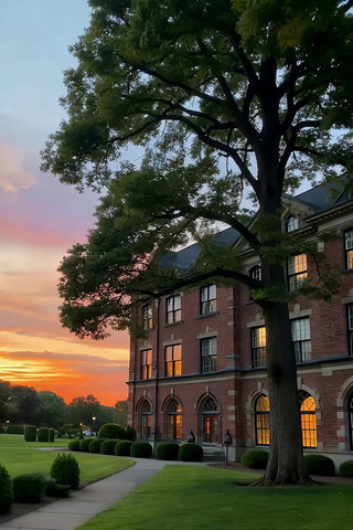夕阳下红砖建筑与大树景观 夕阳下红砖建筑与大树景观
