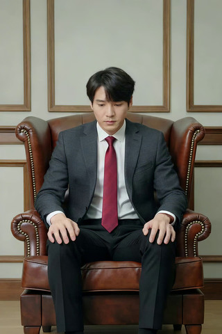 西装男士端坐皮椅 西装男士端坐皮椅
