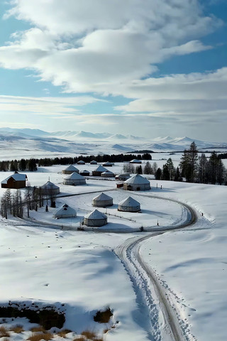 雪地中蒙古包群全景 雪地中蒙古包群全景