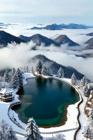 雪后山间湖泊与亭台风景 雪后山间湖泊与亭台风景