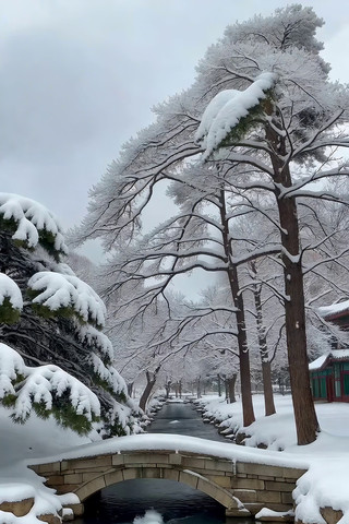 雪后石桥流水树木景观 雪后石桥流水树木景观