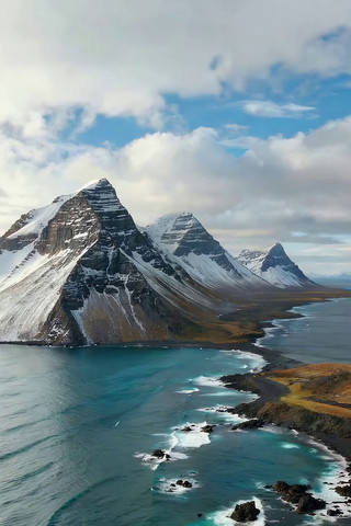 雪山海岸自然风光航拍 雪山海岸自然风光航拍