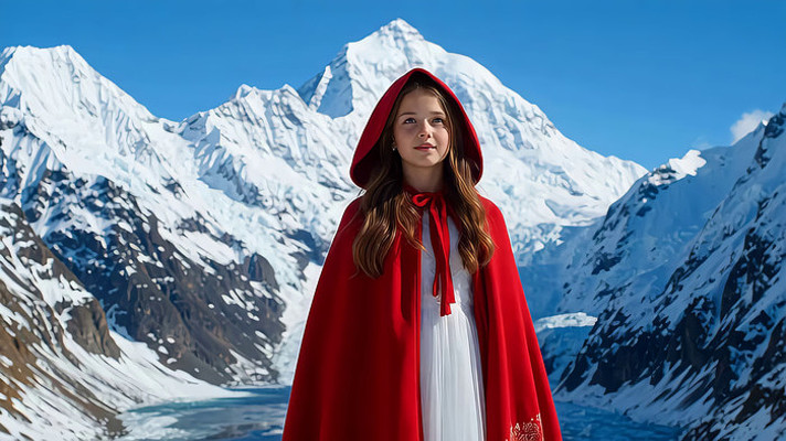 雪山前穿红斗篷的女孩 雪山前穿红斗篷的女孩