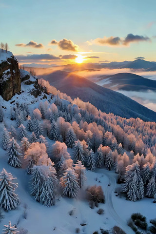 雪山松林日出全景 雪山松林日出全景