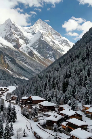 雪山下被雪覆盖的山间村落 雪山下被雪覆盖的山间村落